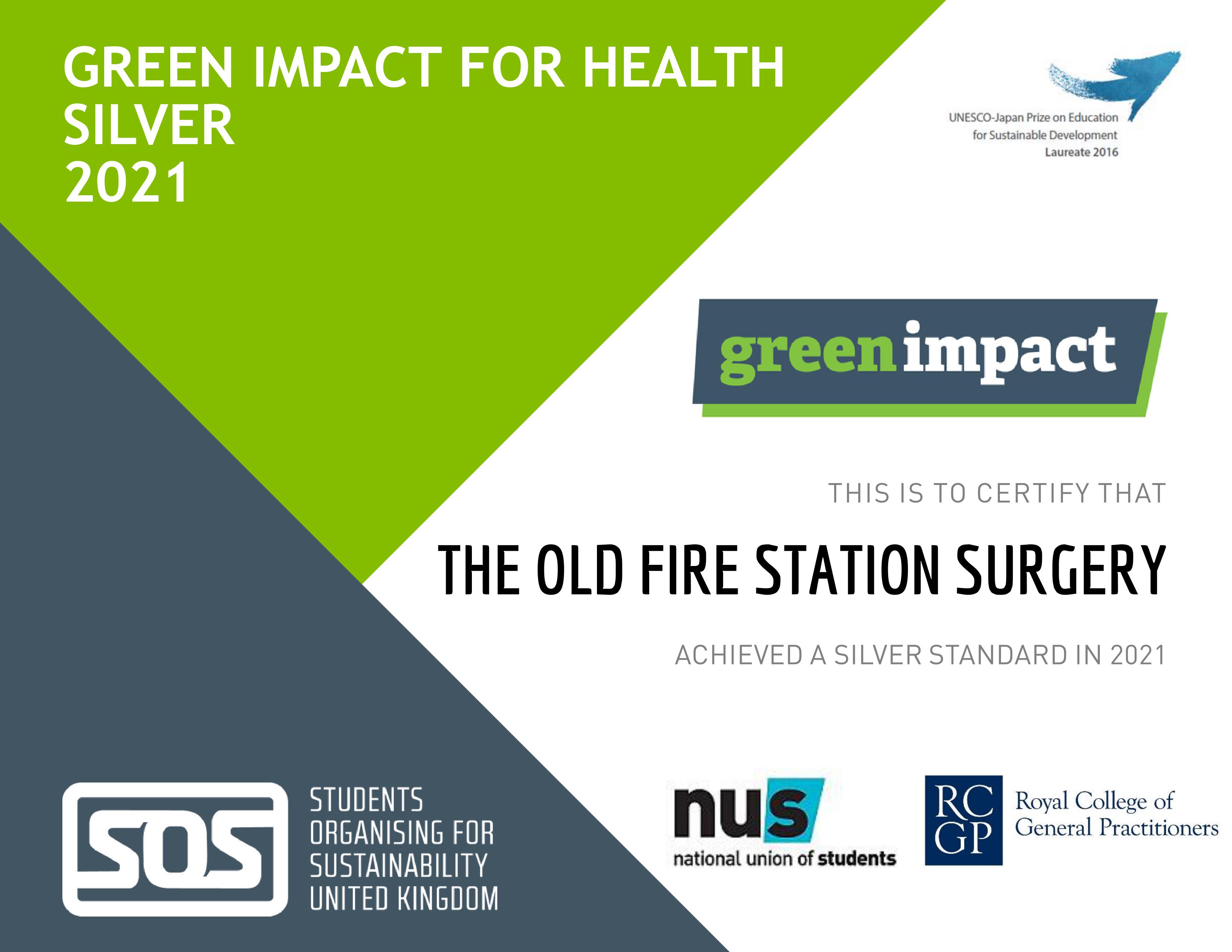 Green impact for health silver award 2021 certificate